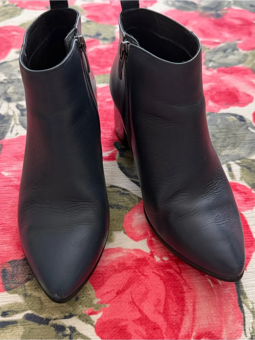 Ecco Navy Blue Pointed Leather Ankle Booties with Side Zipper